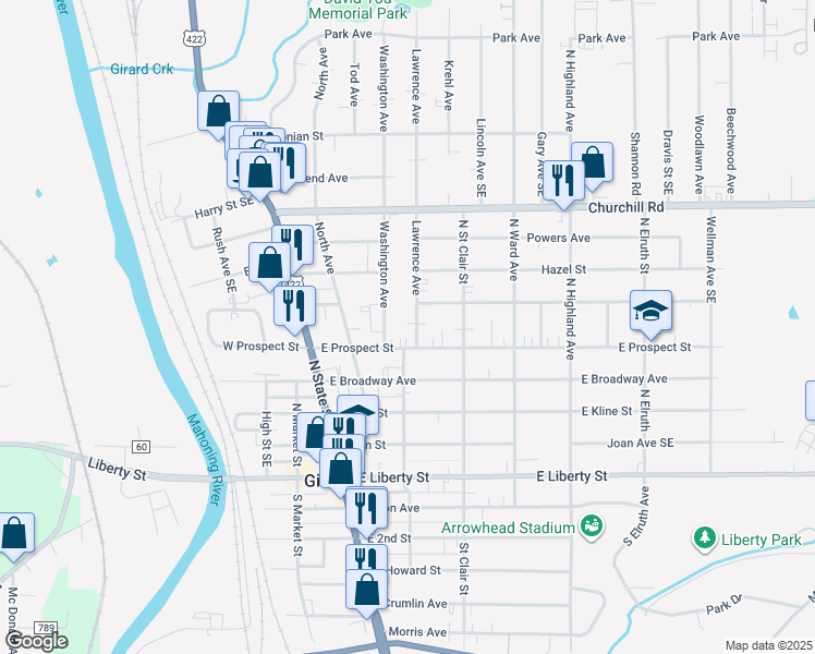 map of restaurants, bars, coffee shops, grocery stores, and more near 420 Lawrence Avenue in Girard