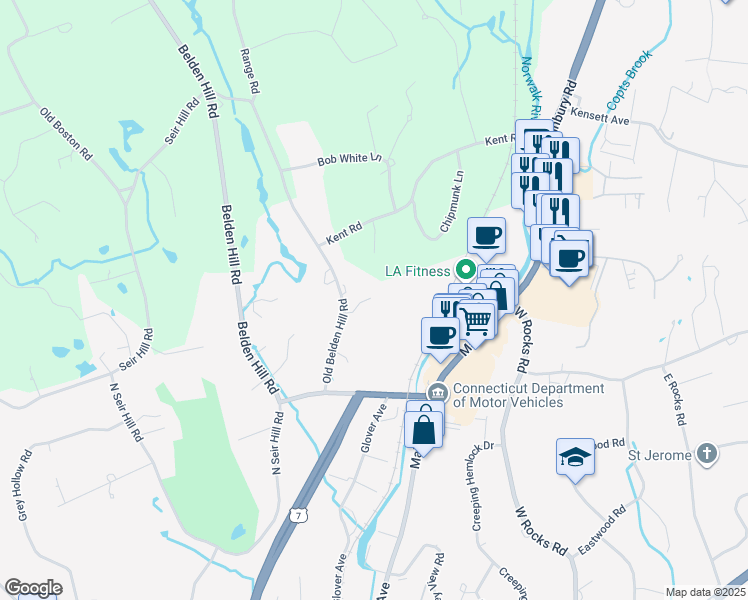 map of restaurants, bars, coffee shops, grocery stores, and more near 88 Silvermine Crossing in Norwalk
