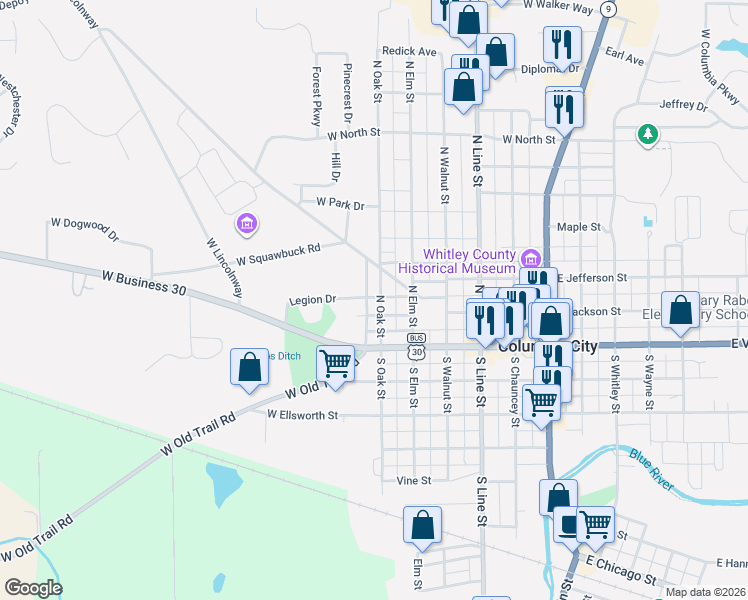 map of restaurants, bars, coffee shops, grocery stores, and more near 116 North Oak Street in Columbia City