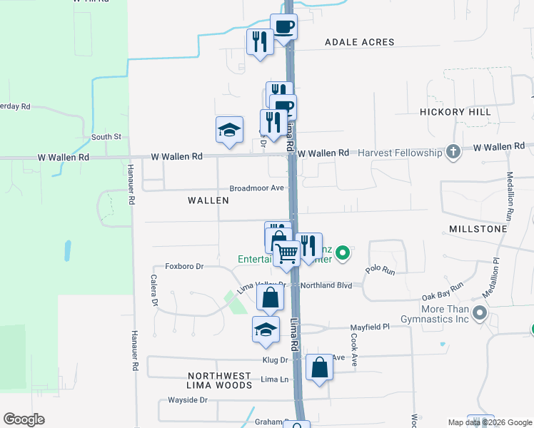 map of restaurants, bars, coffee shops, grocery stores, and more near 1812 Gillmore Drive in Fort Wayne