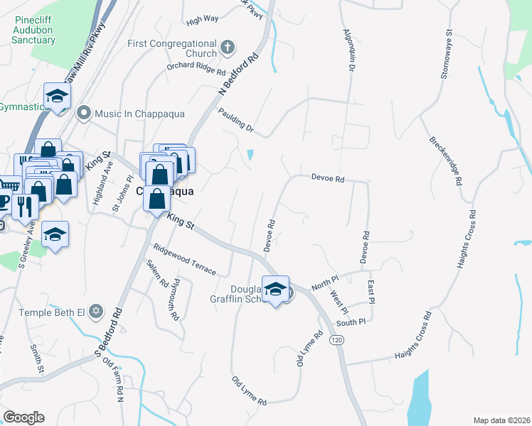 map of restaurants, bars, coffee shops, grocery stores, and more near 88 Brevoort Road in Chappaqua