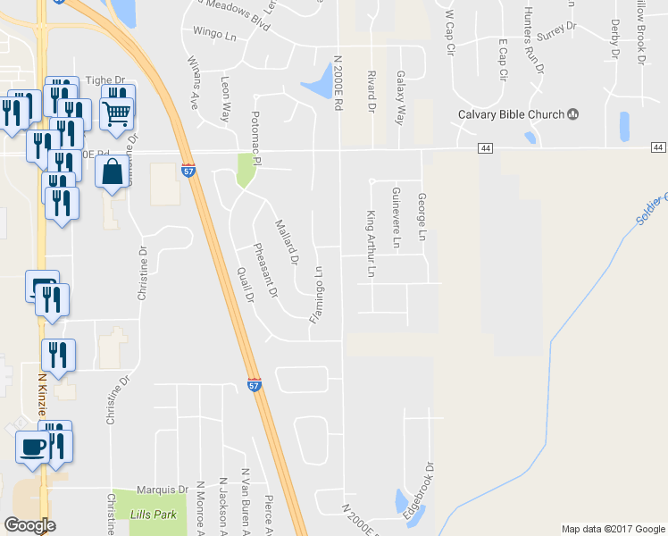 map of restaurants, bars, coffee shops, grocery stores, and more near 1057 North 2000E Road in Bradley