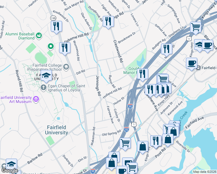 map of restaurants, bars, coffee shops, grocery stores, and more near 195 Quaker Lane in Fairfield