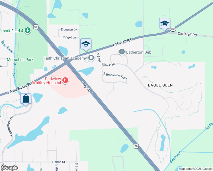 map of restaurants, bars, coffee shops, grocery stores, and more near 201-399 N Cross Creek Way in Columbia City