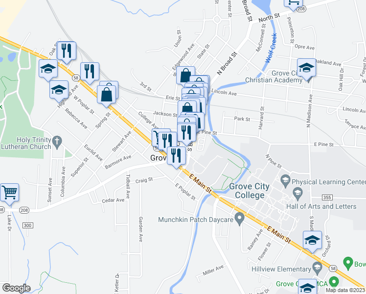 map of restaurants, bars, coffee shops, grocery stores, and more near 121 College Avenue in Grove City