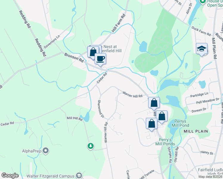 map of restaurants, bars, coffee shops, grocery stores, and more near 92 Fields Rock Road in Fairfield