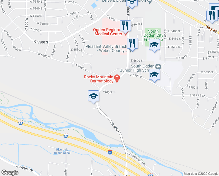 map of restaurants, bars, coffee shops, grocery stores, and more near 5782 South 500 East in Washington Terrace