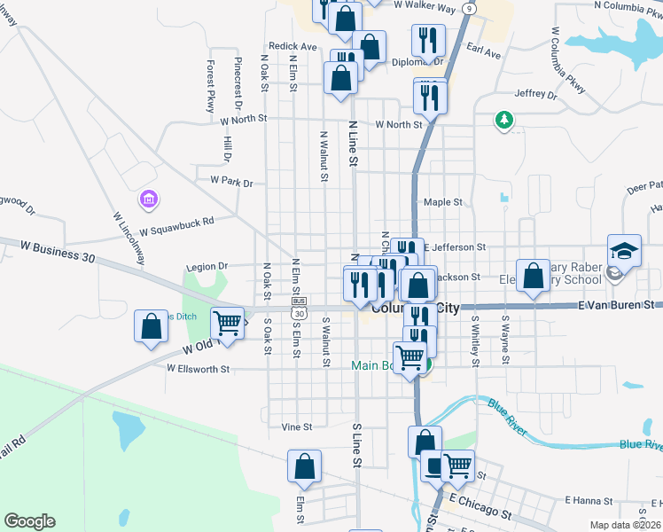 map of restaurants, bars, coffee shops, grocery stores, and more near 208 North Walnut Street in Columbia City