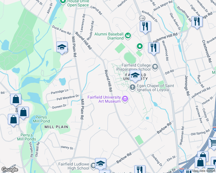 map of restaurants, bars, coffee shops, grocery stores, and more near 1091 Round Hill Road in Fairfield
