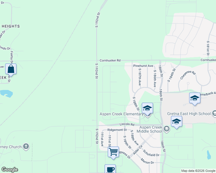 map of restaurants, bars, coffee shops, grocery stores, and more near 10109 South 192nd Street in Gretna