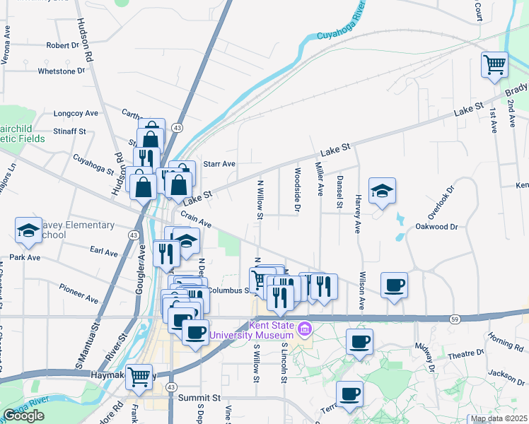 map of restaurants, bars, coffee shops, grocery stores, and more near 601 North Willow Street in Kent