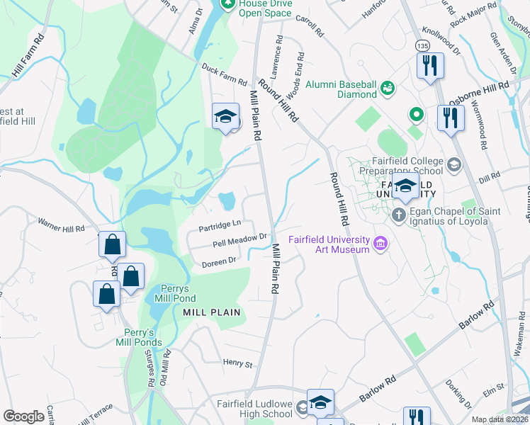 map of restaurants, bars, coffee shops, grocery stores, and more near 1331 Mill Plain Road in Fairfield