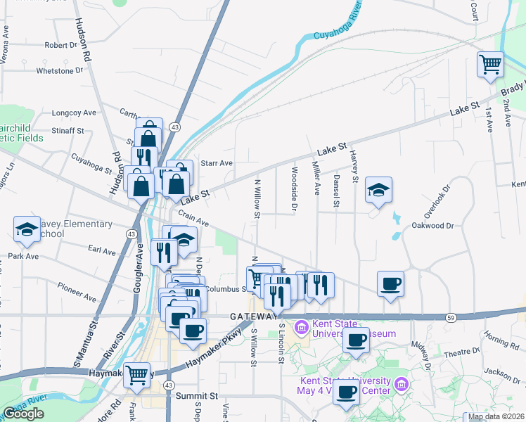 map of restaurants, bars, coffee shops, grocery stores, and more near 601 North Willow Street in Kent
