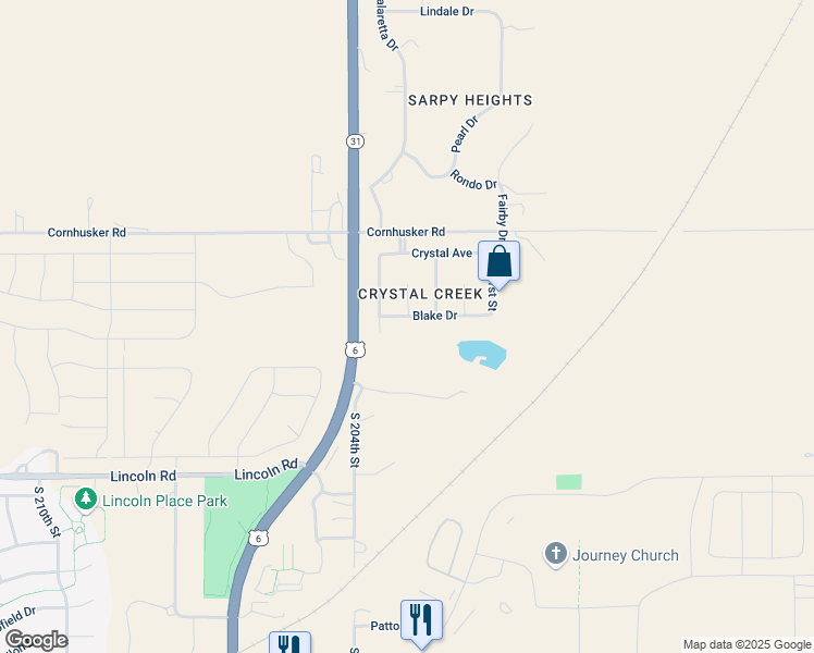 map of restaurants, bars, coffee shops, grocery stores, and more near 20307 Blake Drive in Gretna