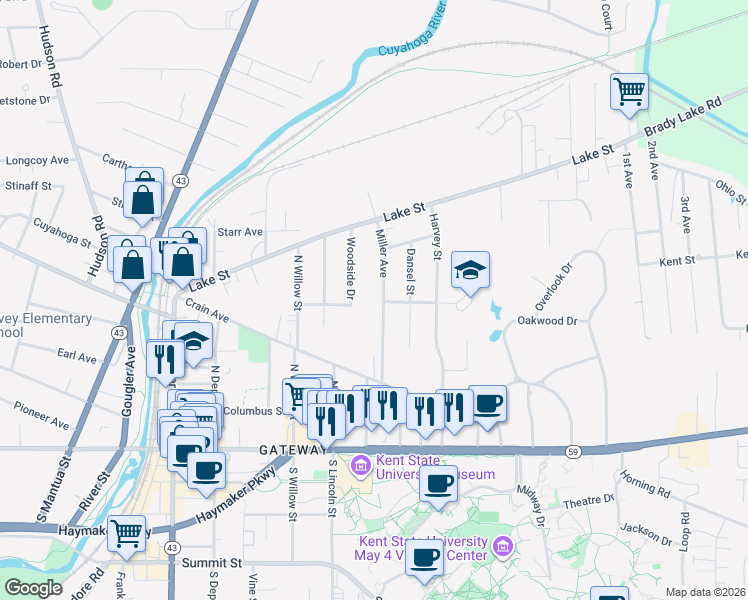 map of restaurants, bars, coffee shops, grocery stores, and more near 480 Miller Avenue in Kent