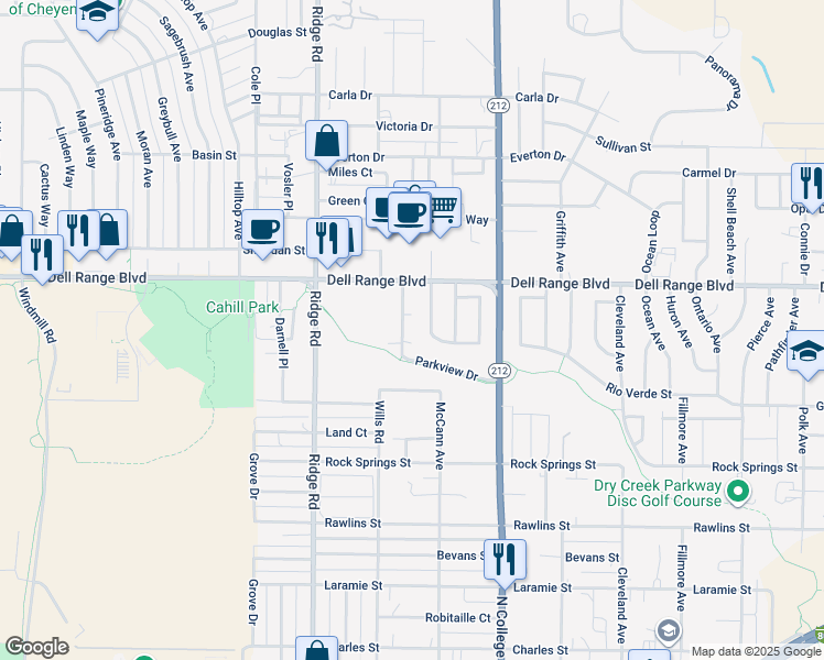 map of restaurants, bars, coffee shops, grocery stores, and more near 4407 Parkview Drive in Cheyenne