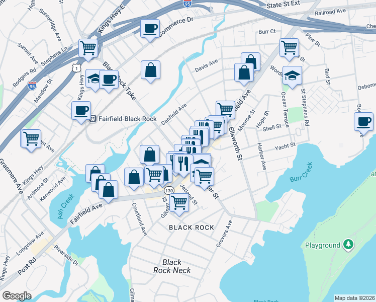 map of restaurants, bars, coffee shops, grocery stores, and more near 702 Brewster Street in Bridgeport