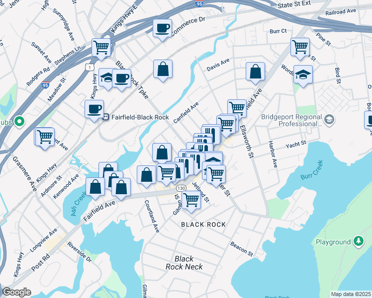 map of restaurants, bars, coffee shops, grocery stores, and more near 130 Wilson Street in Bridgeport