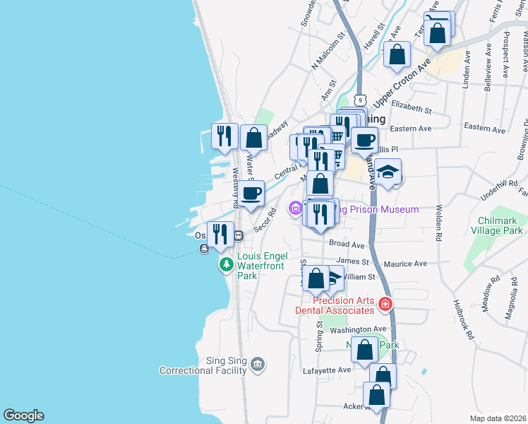 map of restaurants, bars, coffee shops, grocery stores, and more near 36 Main Street in Ossining