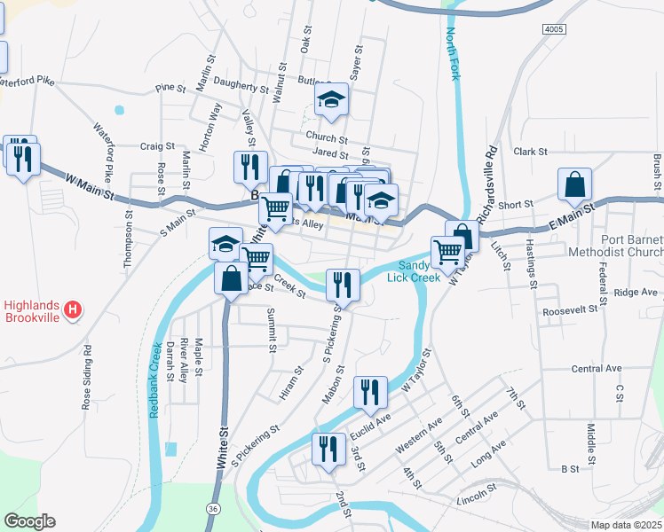 map of restaurants, bars, coffee shops, grocery stores, and more near 5 South Pickering Street in Brookville