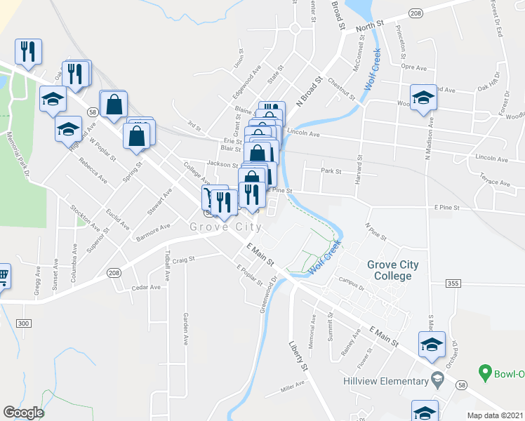 map of restaurants, bars, coffee shops, grocery stores, and more near 232 South Broad Street in Grove City
