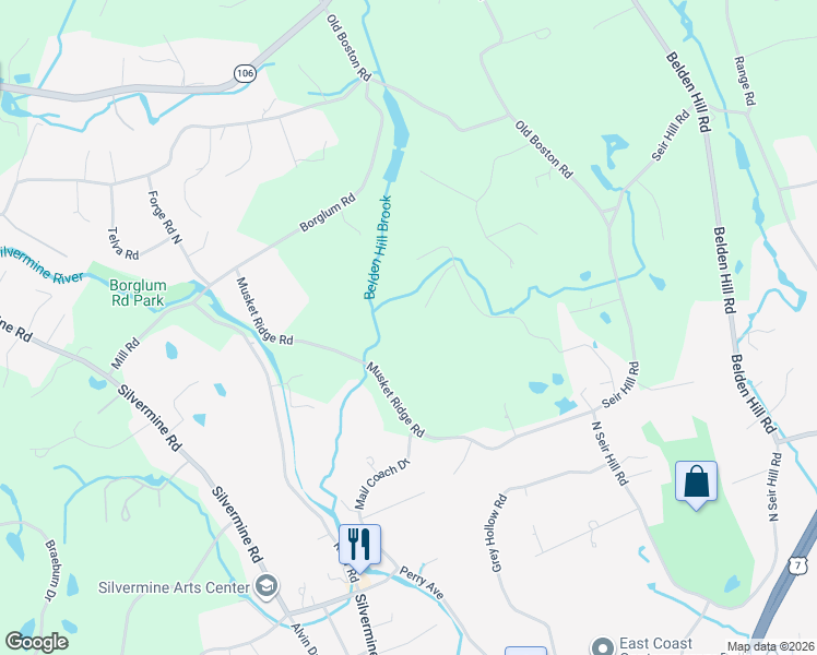 map of restaurants, bars, coffee shops, grocery stores, and more near 70 Musket Ridge Road in Wilton