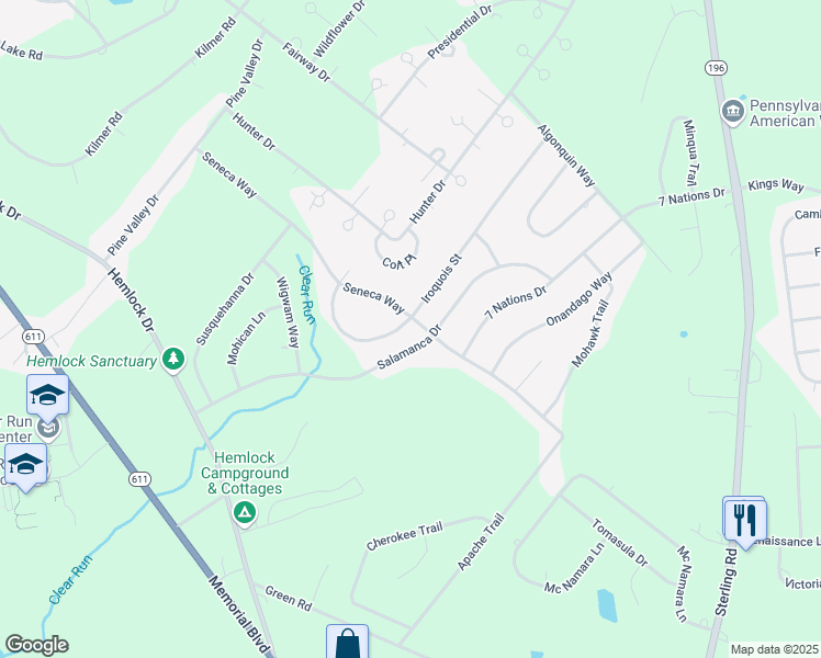 map of restaurants, bars, coffee shops, grocery stores, and more near 5975 Iroquois Street in Tobyhanna