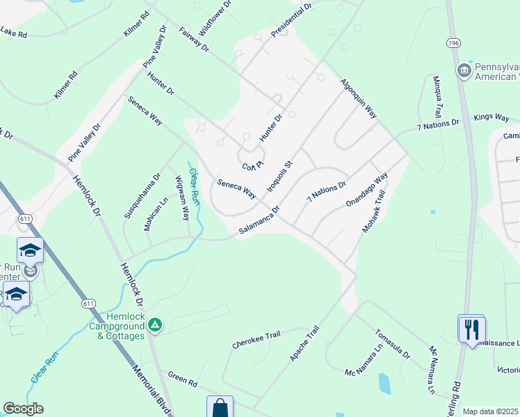 map of restaurants, bars, coffee shops, grocery stores, and more near 5975 Iroquois Street in Tobyhanna