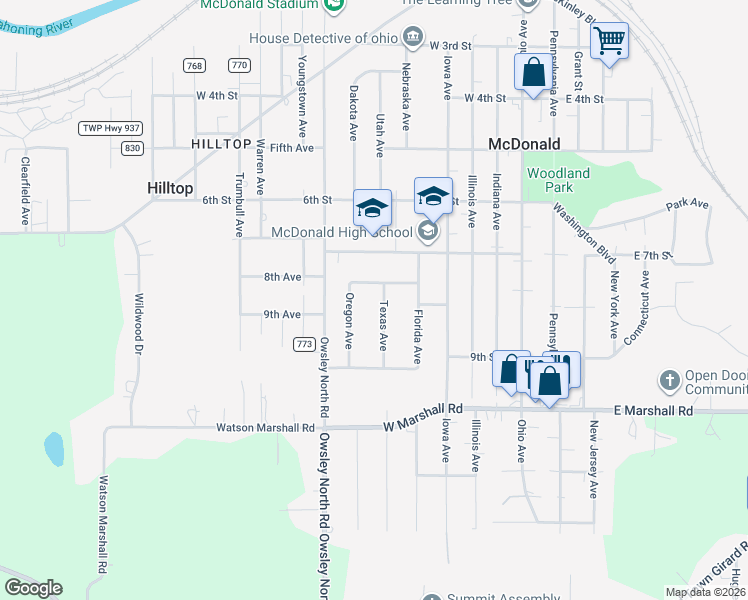 map of restaurants, bars, coffee shops, grocery stores, and more near 807 Texas Avenue in McDonald
