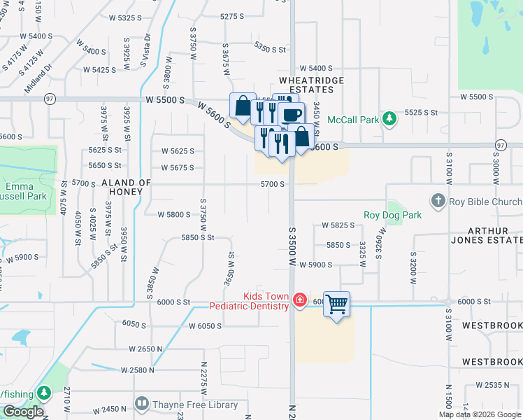 map of restaurants, bars, coffee shops, grocery stores, and more near 5777 South 3550 West in Roy