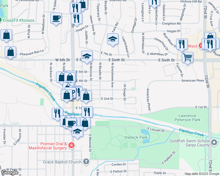 map of restaurants, bars, coffee shops, grocery stores, and more near 448 East 3rd Street in Papillion