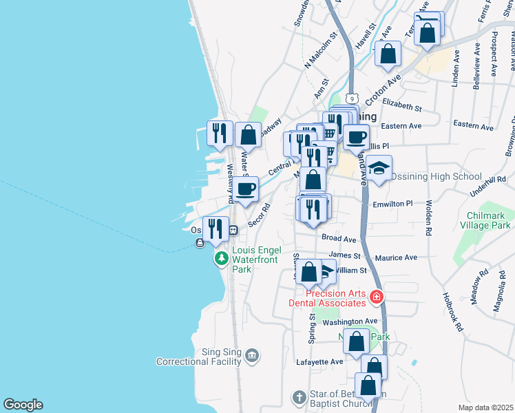 map of restaurants, bars, coffee shops, grocery stores, and more near 36 Main Street in Ossining