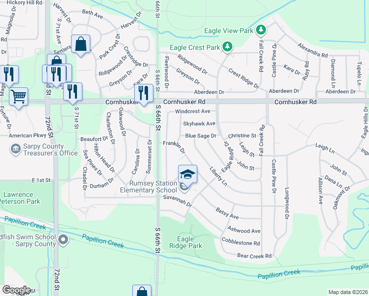 map of restaurants, bars, coffee shops, grocery stores, and more near 1906 Franklin Drive in Papillion