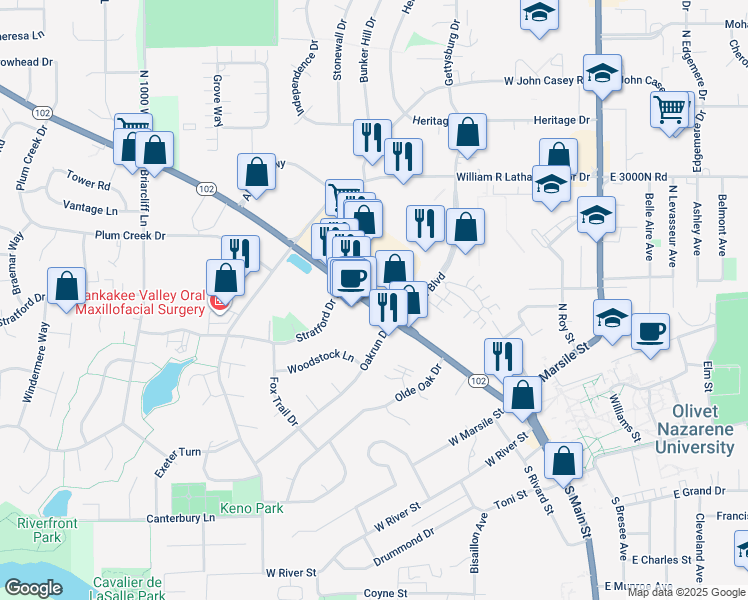 map of restaurants, bars, coffee shops, grocery stores, and more near 415 Main Street Northwest in Bourbonnais