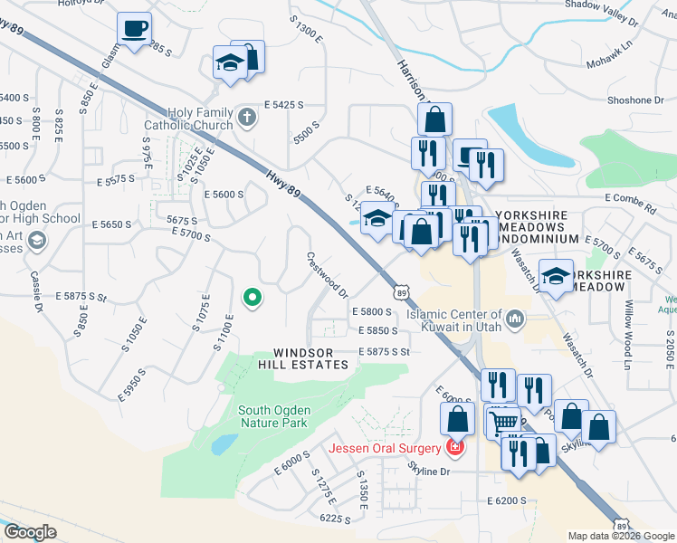 map of restaurants, bars, coffee shops, grocery stores, and more near 5813 South Main Point Boulevard in South Ogden