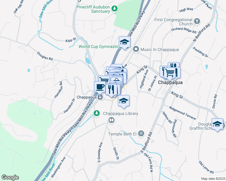 map of restaurants, bars, coffee shops, grocery stores, and more near 26 South Greeley Avenue in Chappaqua