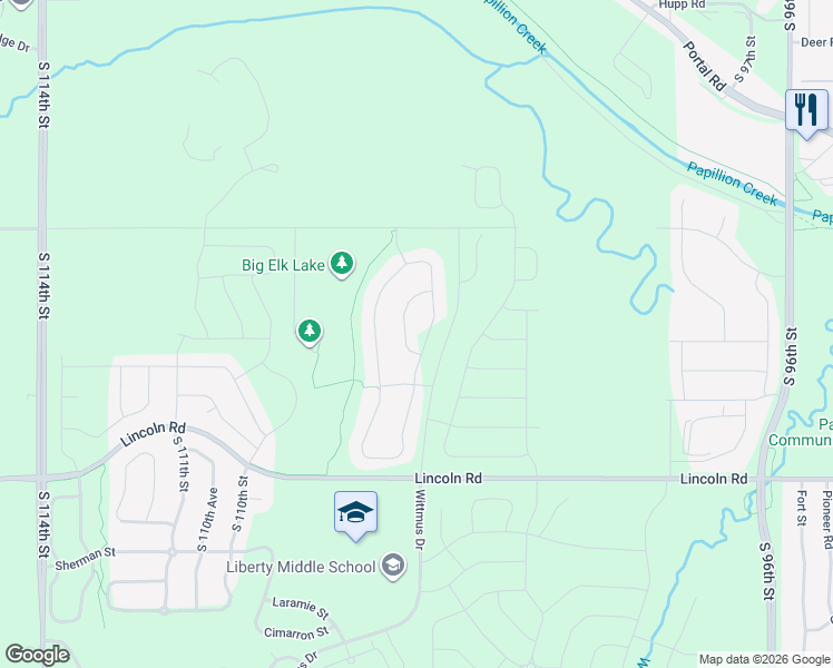 map of restaurants, bars, coffee shops, grocery stores, and more near 10113 South 105th Avenue in Papillion