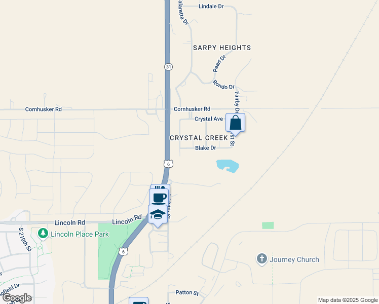 map of restaurants, bars, coffee shops, grocery stores, and more near 20307 Blake Drive in Gretna