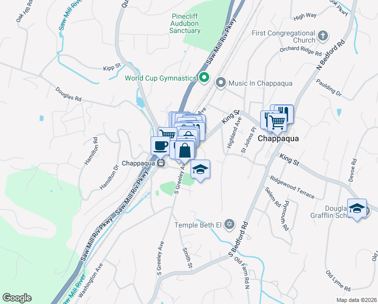 map of restaurants, bars, coffee shops, grocery stores, and more near 33 South Greeley Avenue in Chappaqua