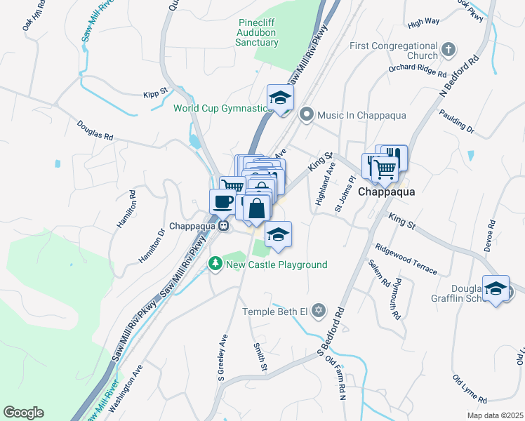 map of restaurants, bars, coffee shops, grocery stores, and more near 27 South Greeley Avenue in Chappaqua