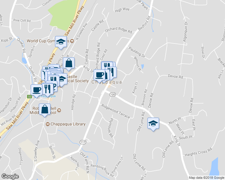 map of restaurants, bars, coffee shops, grocery stores, and more near 495 King Street in Chappaqua