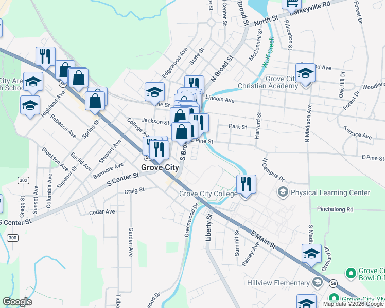 map of restaurants, bars, coffee shops, grocery stores, and more near 232 South Broad Street in Grove City