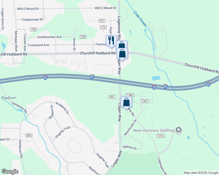 map of restaurants, bars, coffee shops, grocery stores, and more near 1661 Rockwood Drive in Youngstown