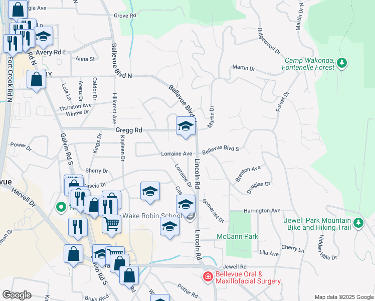 map of restaurants, bars, coffee shops, grocery stores, and more near 1204 Lorraine Avenue in Bellevue