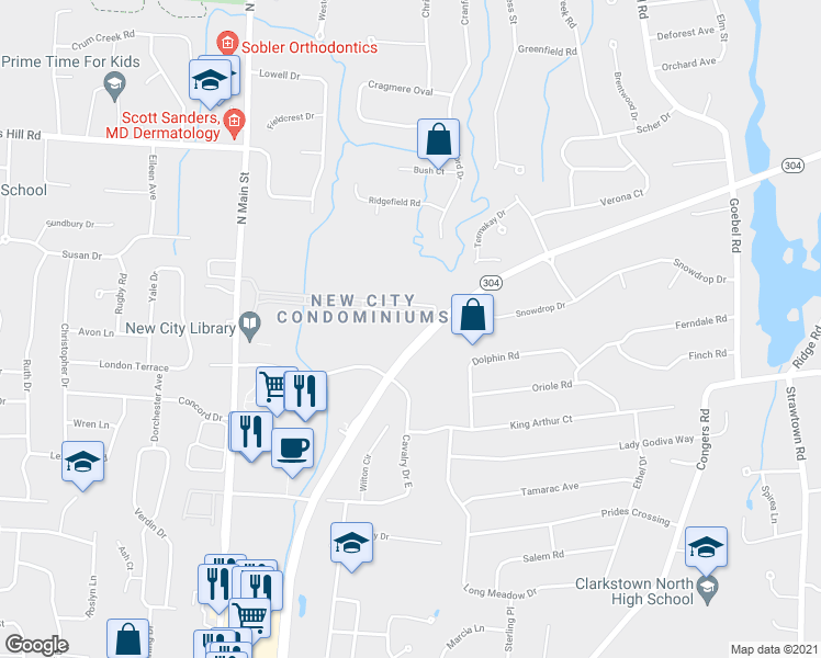 map of restaurants, bars, coffee shops, grocery stores, and more near 40A Heritage Drive in New City