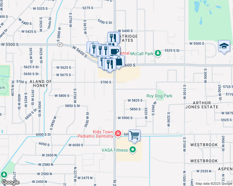 map of restaurants, bars, coffee shops, grocery stores, and more near 3489 West 5700 South in Roy