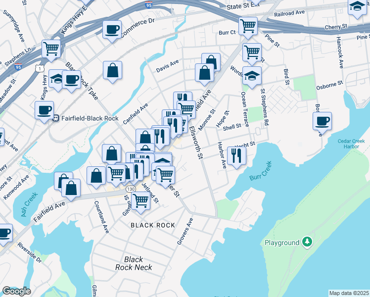 map of restaurants, bars, coffee shops, grocery stores, and more near 71 Melrose Avenue in Bridgeport