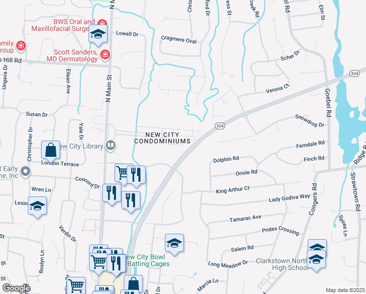 map of restaurants, bars, coffee shops, grocery stores, and more near 40A Heritage Drive in New City