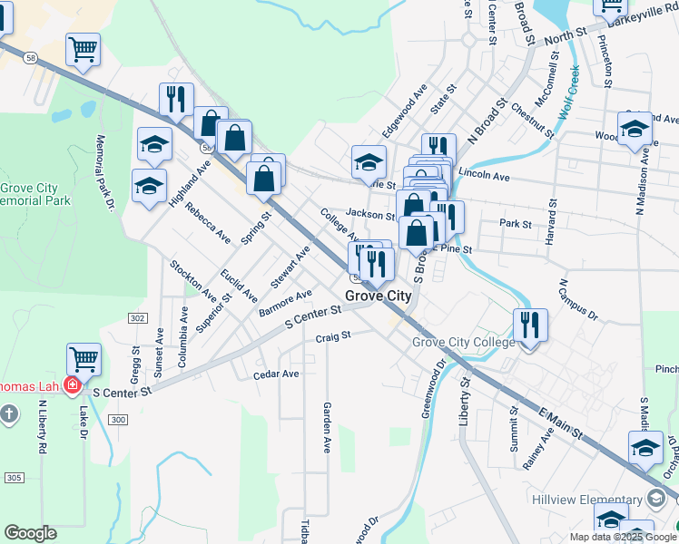 map of restaurants, bars, coffee shops, grocery stores, and more near 307 West Poplar Street in Grove City
