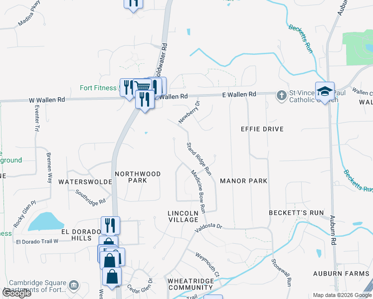 map of restaurants, bars, coffee shops, grocery stores, and more near 8527 Stand Ridge Run in Fort Wayne